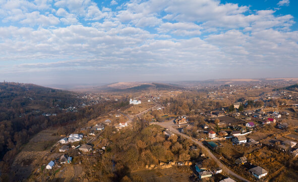 Aerial autumn sunrise view of Busha state Historical and Cultural Reserve, located on Podillya, Vinnytsa region, Ukraine.