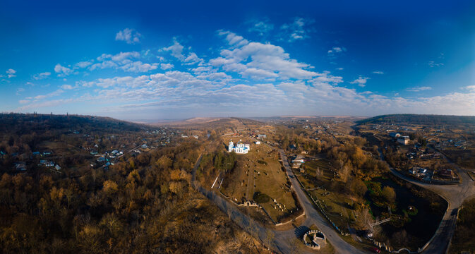 Aerial autumn sunrise view of Busha state Historical and Cultural Reserve, located on Podillya, Vinnytsa region, Ukraine.