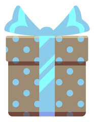 Cute gift box icon. Present in polka dot wrapping paper with silk ribbon bow