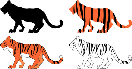 Set of cartoon tigers isolated on white background