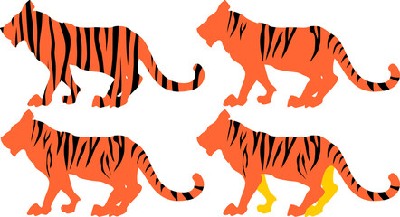 Fototapeta na wymiar Set of striped cartoon tigers silhouettes isolated on white background