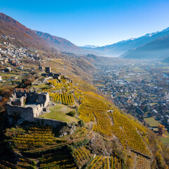 Castel Grumello and vineyards, near Sondrio in Valtellina, autumn aerial view