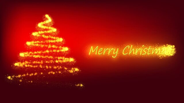 Gold and glitter christmas tree with Merry christmas text on glow gradient red background.