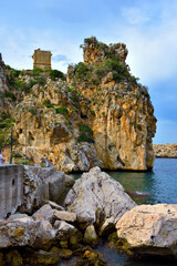 doria tower and glimpse near the tonnara of Scopello Castellammare del golfo Sicily Italy