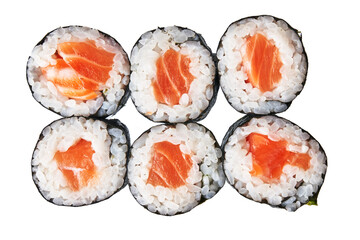  Group of salmon sushi maki isolated on white background © Krakenimages.com