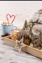 Christmas candy cane heart shape, bokeh background.