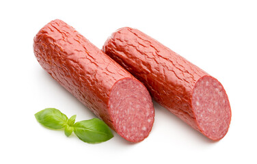 Salami smoked sausage, basil leaves on white background cutout.