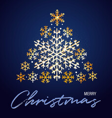 Vector Christmas illustration with sparkling gold christmas tree from snowflakes isolated on blue background. Design template for greeting card, invitation, flyer, poster.