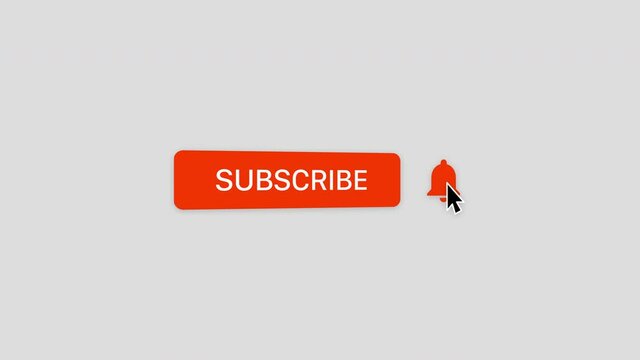 Mouse click on "Subscribe" button and bell notification icon. Isolated on white background. 3D animation.