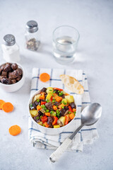 Beef potato carrot eggplant pepper stew in the bowl