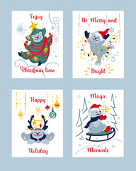 Fototapeta premium Funny bear on santa hat. Collection christmas illustration. Christmas card. Vector.