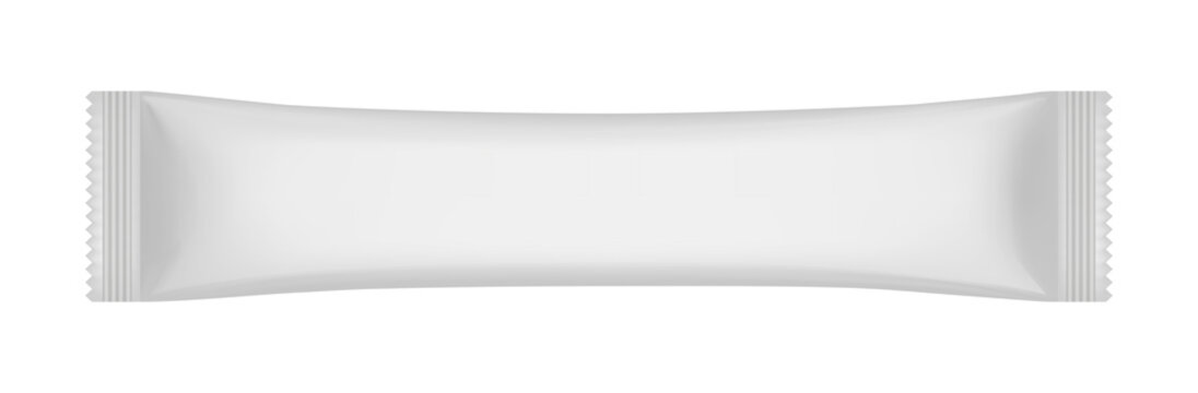 White blank sugar sachet packaging, stick pack. 3d mockup. Pouch. Disposable packaging for salt, sugar and spices. Silver foil bag