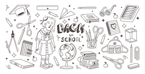 Doodle collection of school supplies. Hand drawn illustration. Back to school concept. Vector on white background