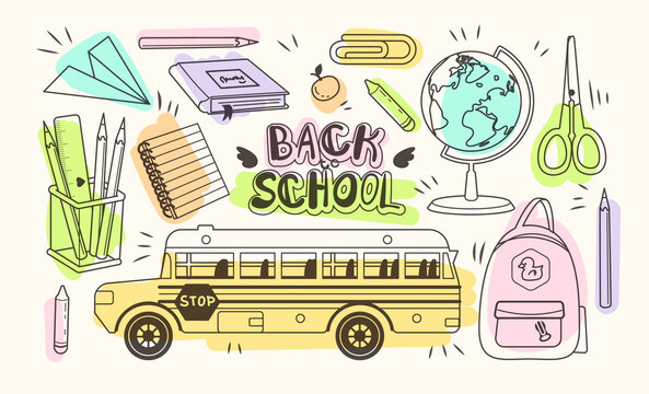 Doodle collection of school supplies. Hand drawn illustration. Back to school concept. Vector on white background