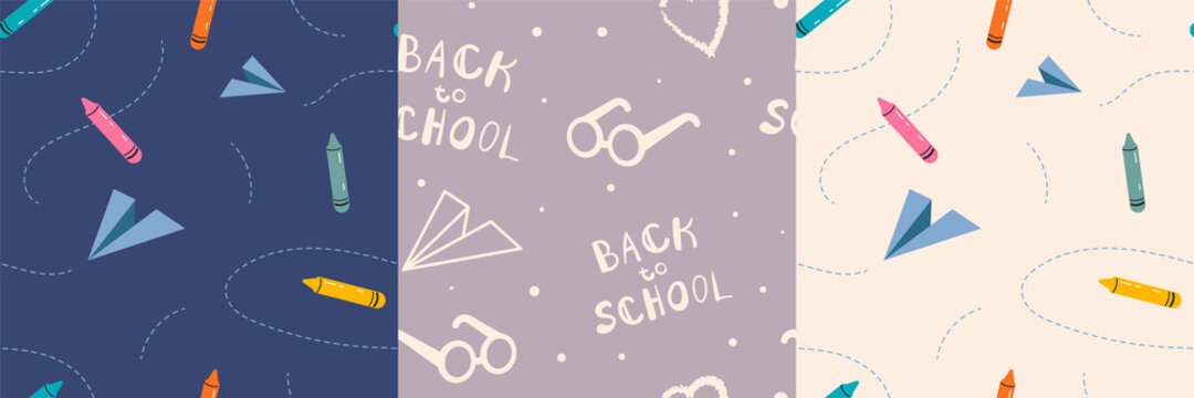 Seamless pattern collection. Back to school concept. Hand draw doodle illustration with pencils, paper airplane, glasses, markers. Vector