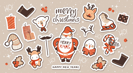 Fototapeta premium Christmas sticker collection. Hand drawn cute color illustrations. A set of graphic elements for design and decoration. Vector