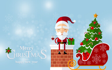 
Merry Christmas Happy Christmas companions. Santa Claus, Snowman, Reindeer and elf in Christmas snow scene with craft style on background. 