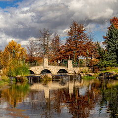 Fototapeta premium Beautiful bridge with autumn trees and reflection