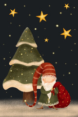 Holyday new year greeting card with funny little elf santa helper, gnome with long beards and funny hat, with a big of gifts, presents. Night , dark starry sky, green christmas tree.
