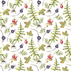 Акварельный  бесшовный образец с листьями, ягодами и цветами. Винтаж бесшовные модели. Симпатичный фон для ткани, текстиля, обоев.