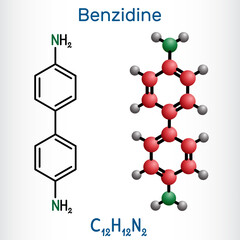 Benzidine molecule. It is aromatic amine, used for the detection of blood and as a reagent in the manufacture of dyes. Structural chemical formula, molecule model