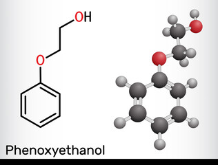 Phenoxyethanol primary alcohol molecule. It is glycol ether, antiinfective agent, preservative, antiseptic, solvent. Structural chemical formula, molecule model.