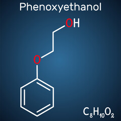 Phenoxyethanol primary alcohol molecule. It is glycol ether, antiinfective agent, preservative, antiseptic, solvent. Structural chemical formula on the dark blue background