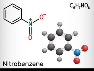 Nitrobenzene molecule. It is used in the manufacture of aniline, dyes, drugs, pesticides, and synthetic rubber. Structural chemical formula, molecule model