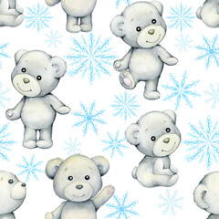 polar bears, snowflakes. Watercolor animals in cartoon style, on an isolated background. Seamless pattern.