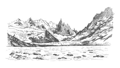 Hand drawn illustration of landscape mountain range and river. Peak outdoor sketch in black color on white background. Using for travel, poster and card. Hand drawn travel postcard.