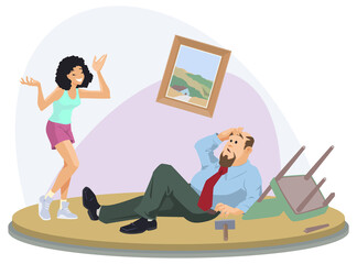 Unsuccessful renovation. Man was unable to hang picture. Illustration for internet and mobile website.