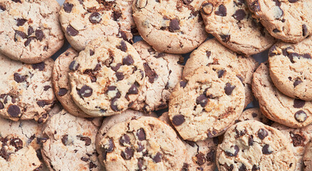 Homemade chocolate chips cookies. Traditional tasty sweets biscuits