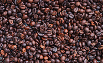 Brown and black coffee beans. Roasted arabic espresso coffee grains.