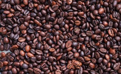 Brown and black coffee beans. Roasted arabic espresso coffee grains.