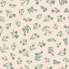 Cute flowers with leaves seamless repeat pattern on beige background. Random placed, doodled vector botany plants all over surface print.