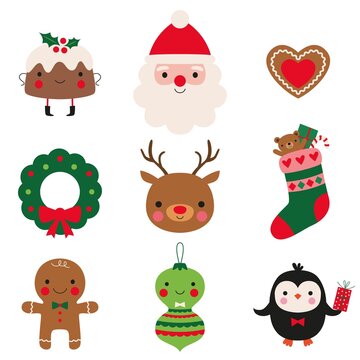 Christmas icons vector set (Santa, deer, sweets and decoration)