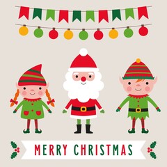 Santa and his elf helpers, Christmas vector set