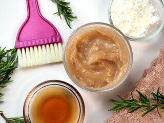 Homemade hair mask. Cornstarch, rosemary tea. Flat lay