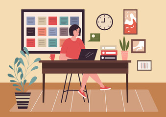 Woman working at home. Freelancer, coworking, desk, comfortable workplace. Remote worker in apartment, modern technologies, internet, company. Lifestyle leisure. Cartoon flat vector illustration