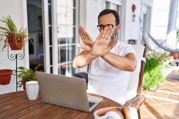 Middle age man using computer laptop at home rejection expression crossing arms and palms doing negative sign, angry face