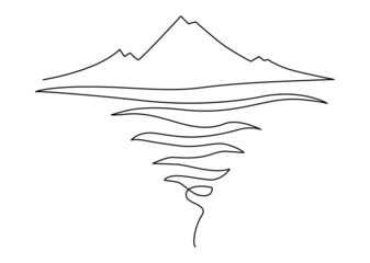 Mountains by the sea. Reflection in water. Continuous line drawing illustration. Isolated on white background