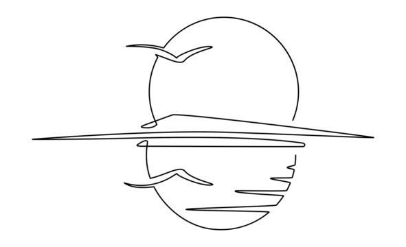 recommend clip art: Sunset over the sea. Continuous line drawing illustration. Isolated on white background