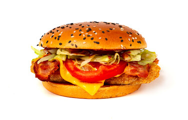 Burger with chicken cutlet, with cheese, fried bacon and vegetables, on a white background, no people, horizontal,