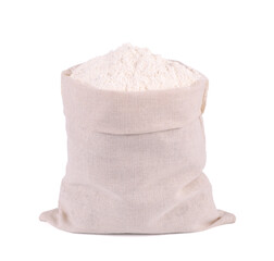 Wheat flour in burlap sack bag isolated on white background