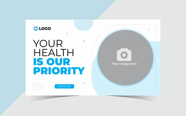 healthcare medical youtube video thumbnail and fully editable web banner for hospital clinic business template. Social media thumbnail video cover photo for promotion