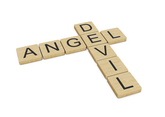 Angel Devil words written with wooden letters, isolated on white background