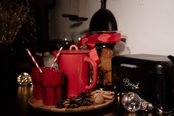 red teapot and cups in Christmas style