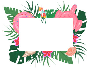 Summer Frame with tropical leaves, cocktail, flowers and balloons. Background for invitations, promotions, sales and events. Vector illustration.
