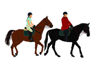 Jockey couple woman and man riding elegant racing horse vector illustration isolated on white.  Hippodrome sport event. Female Jet set entertainment. Equestrian rider lady jumping over barrier.