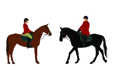 Jockey couple woman and man riding elegant racing horse vector illustration isolated on white.  Hippodrome sport event. Female Jet set entertainment. Equestrian rider lady jumping over barrier.